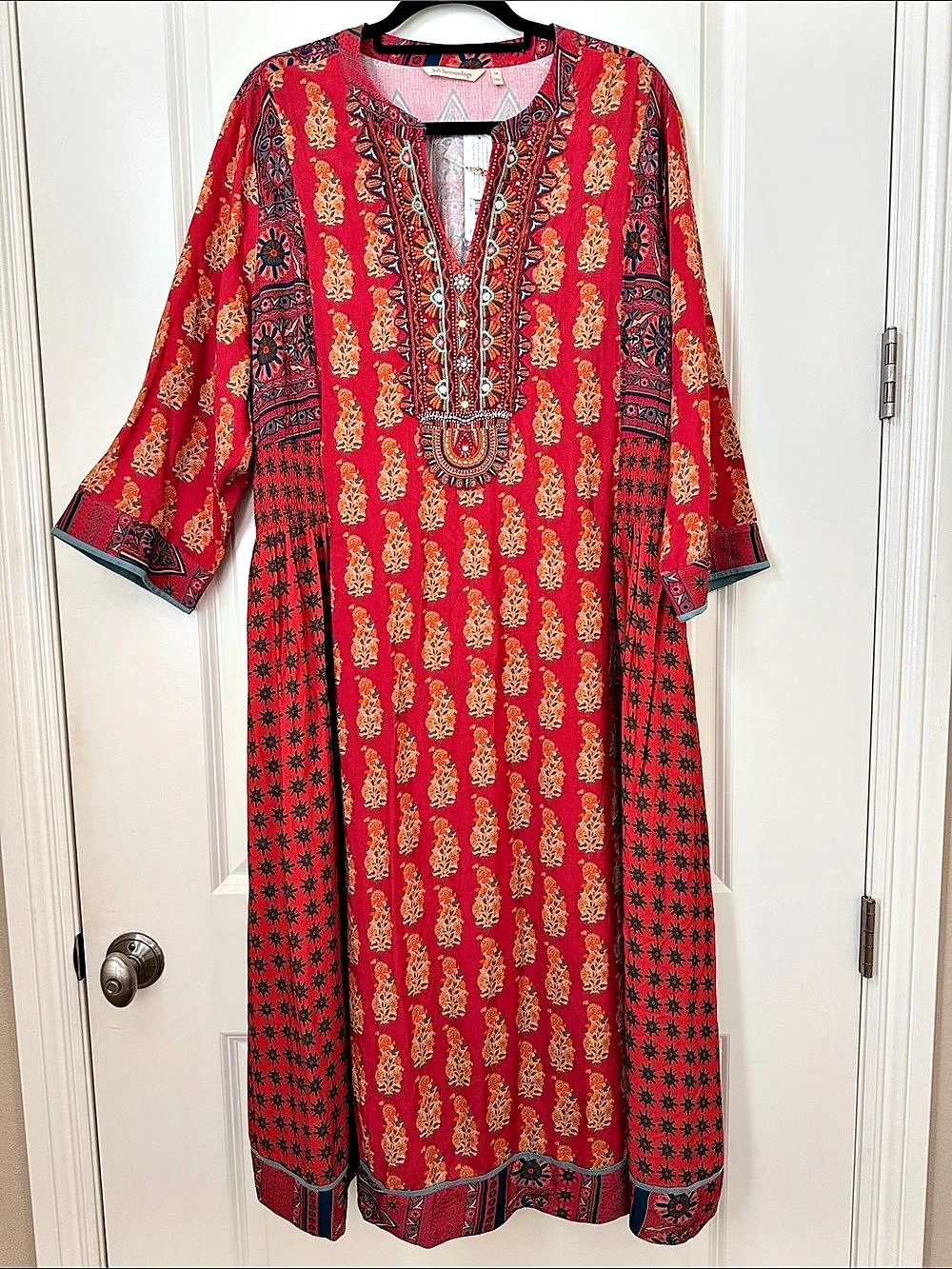 Soft Surroundings Boho Floral Embroidered Maxi Dress Red 1X NWT